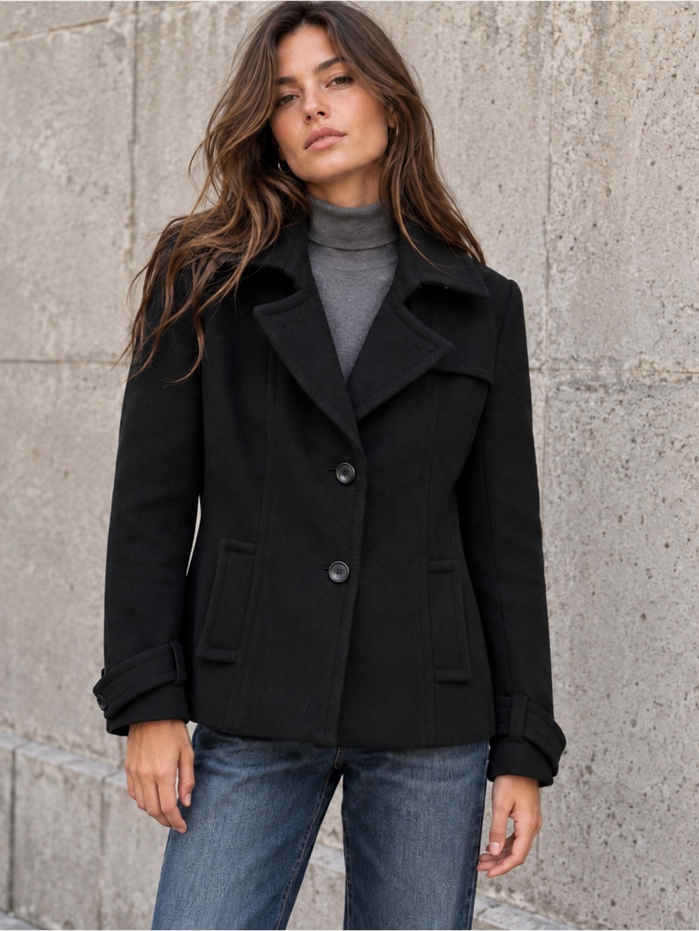 Banana Republic Black 100% Wool Short Peacoat Medium Minimalist Classic
